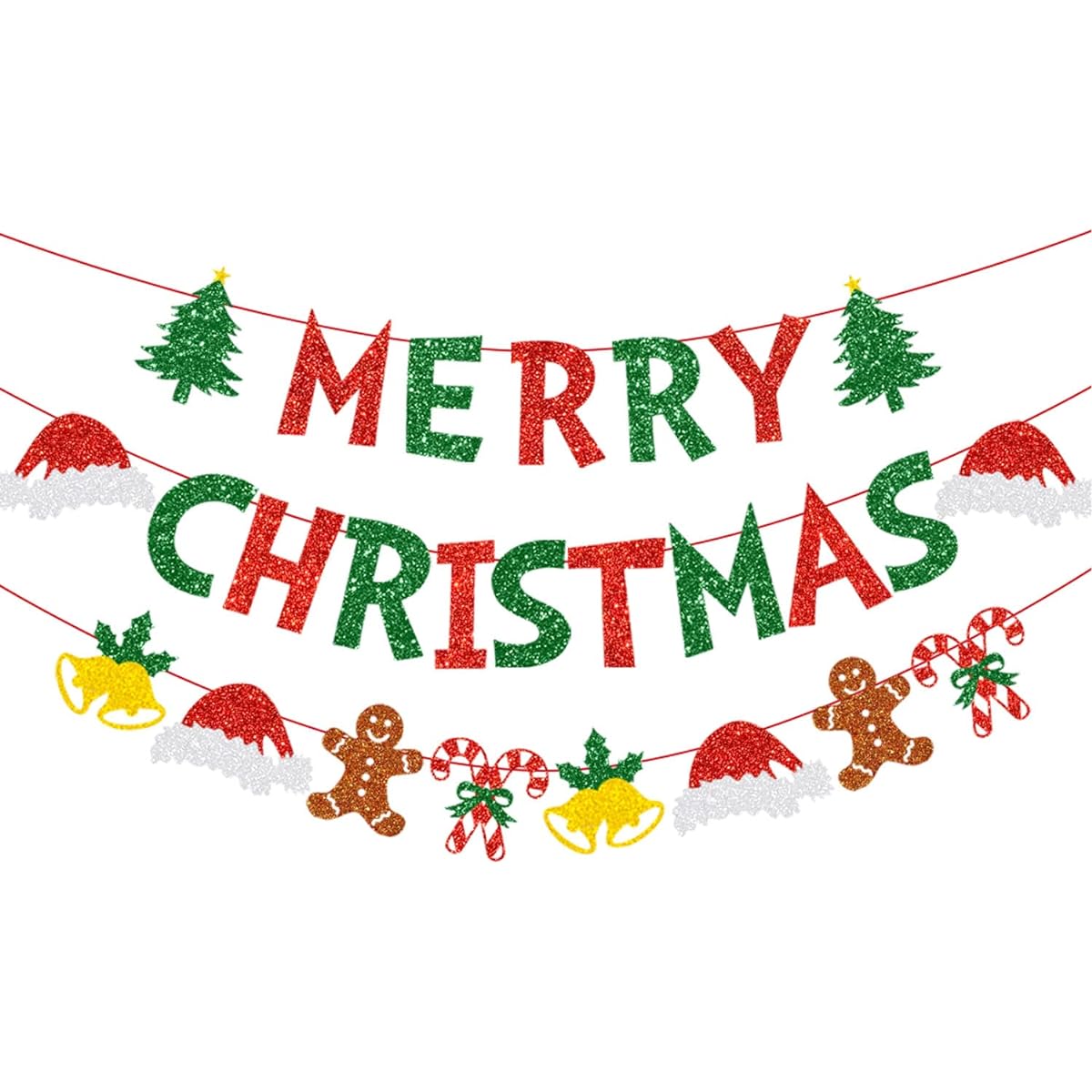CAVLA Glitter Merry Christmas Banner, Glitter Christmas Sign Banner Red Green Sparkly Christmas Garland Banner Christmas Party Decorations Home Wall Fireplace Party Supplies