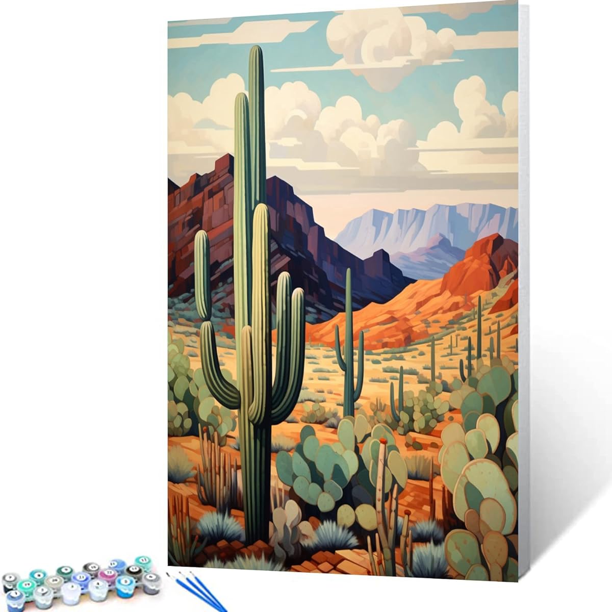 Arizona Mountains Desert Cactus Mountain Landscape Paint by Number Kit 16"W x 20"H Canvas Oil Painting for Students Adults Beginners Acrylic Watercolor Paints (Framed)