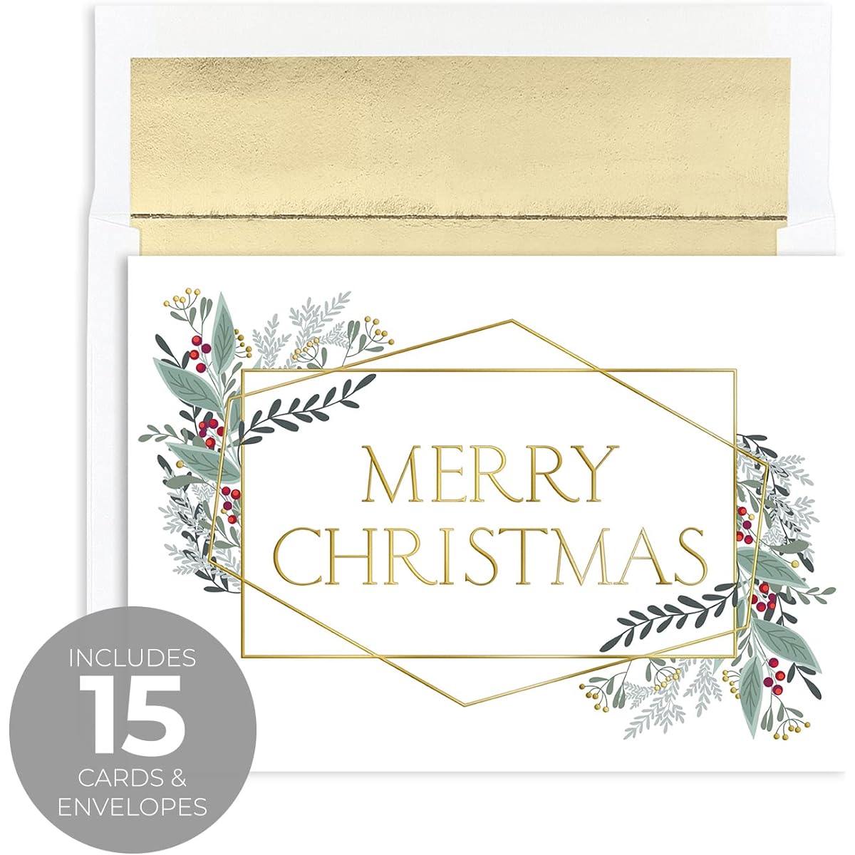 Gold Foil Framed Merry Christmas Card Set / 15 Boxed Modern Holiday Cards with Foil Lined Envelopes / 5 5/8" x 7 7/8" Folded Seasonal Greeting Cards with Inside Poem