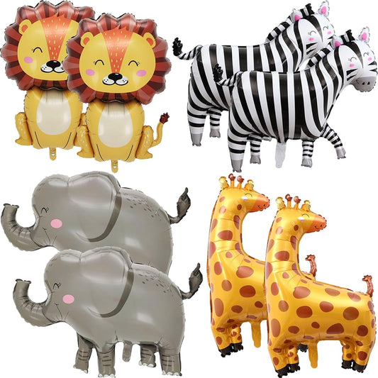 8pcs Jungle Safari Animal Balloons Large Lion Elephant Zebra Giraffe Foil Mylar Balloons Safari Jungle Wild Animal Zoo Theme Birthday Baby Shower Party Decoration Supplies