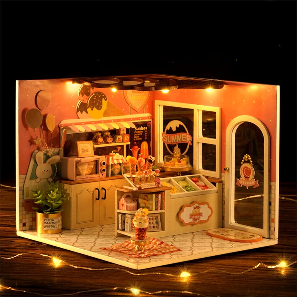 Flever Dollhouse Miniature DIY House Kit Creative Room with Furniture Romantic Valentine Gift (Happy Ice Cream Shop)