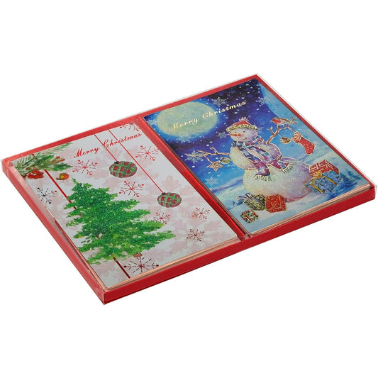 10 Foil and Glitter Holiday Cards with White Envelopes - Snowman and Christmas Tree Design