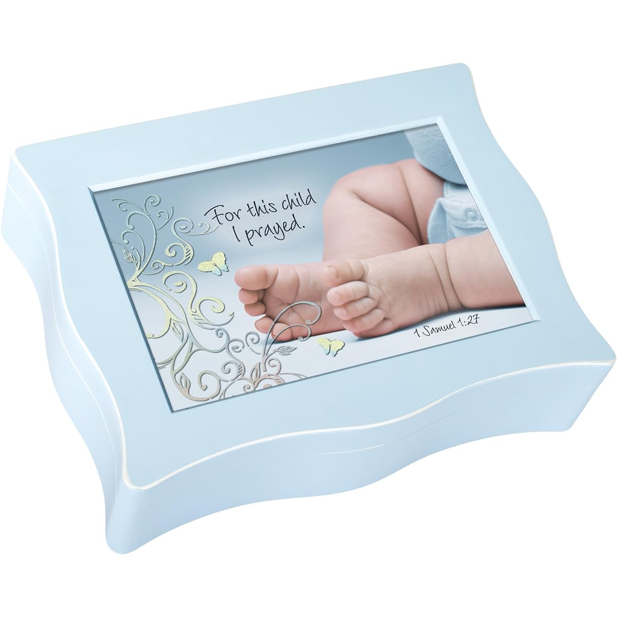 Cottage Garden Wavy Inspirational Music Box - Baby Feet Plays Jesus Loves Me with Wavy Blue Finish