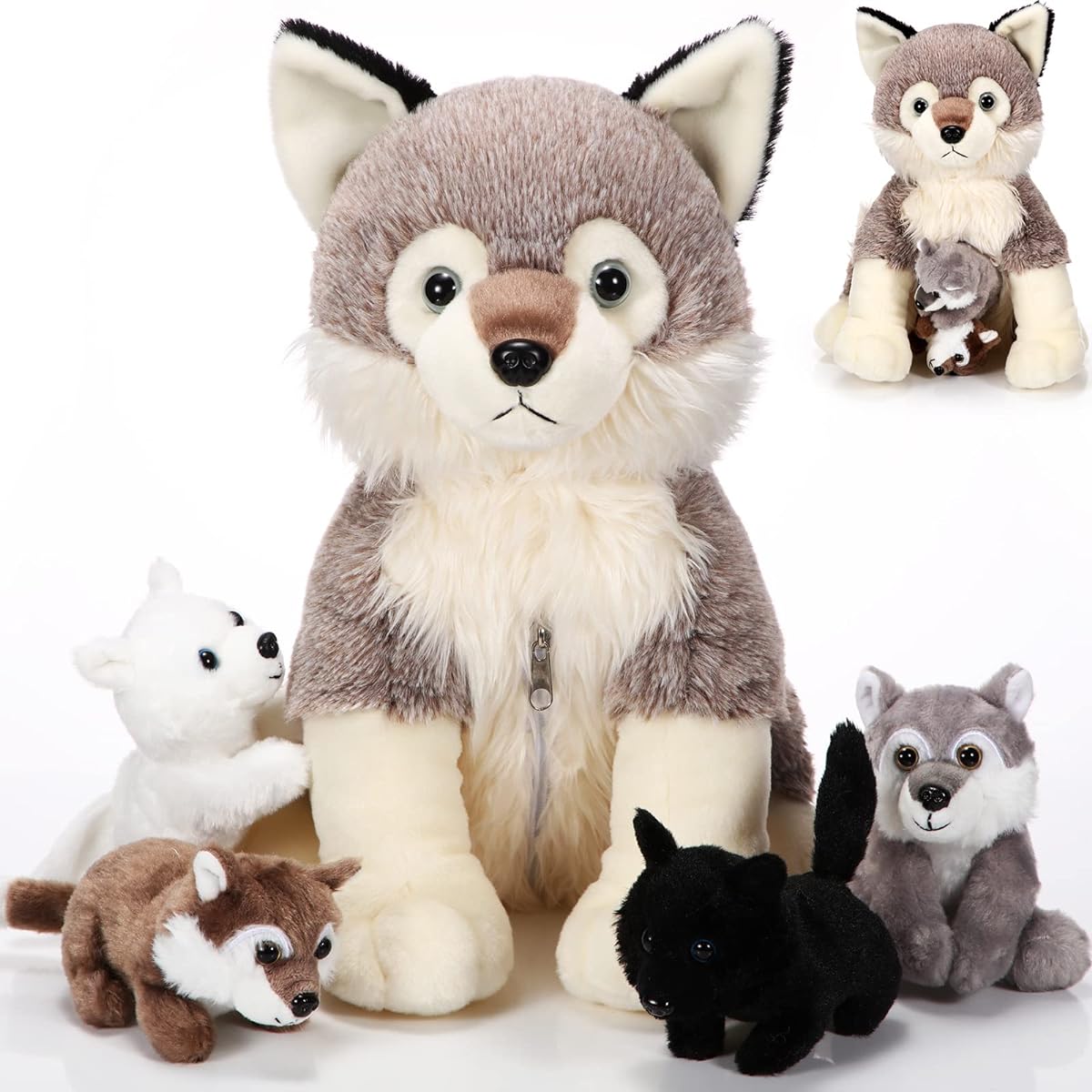 Honoson 5 Piece Wolf Stuffed Animals Set, 14" Mummy Wolf Plush Toy with 4 Cute Baby Wolves in Belly, Soft Wolf Stuffed Animals for Wolf Lovers Boys Girls Christmas Birthday Party Favors Gifts (Cute)
