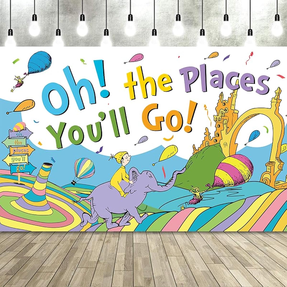 LOONELO Oh The Places You'll Go Backdrop 70.9" x 43.3" Large Size Oh The Places You'll Go Banner Dr. Seuss Backdrop Party Decoration Kindergarten Preschool Graduation Supplies (Blue)