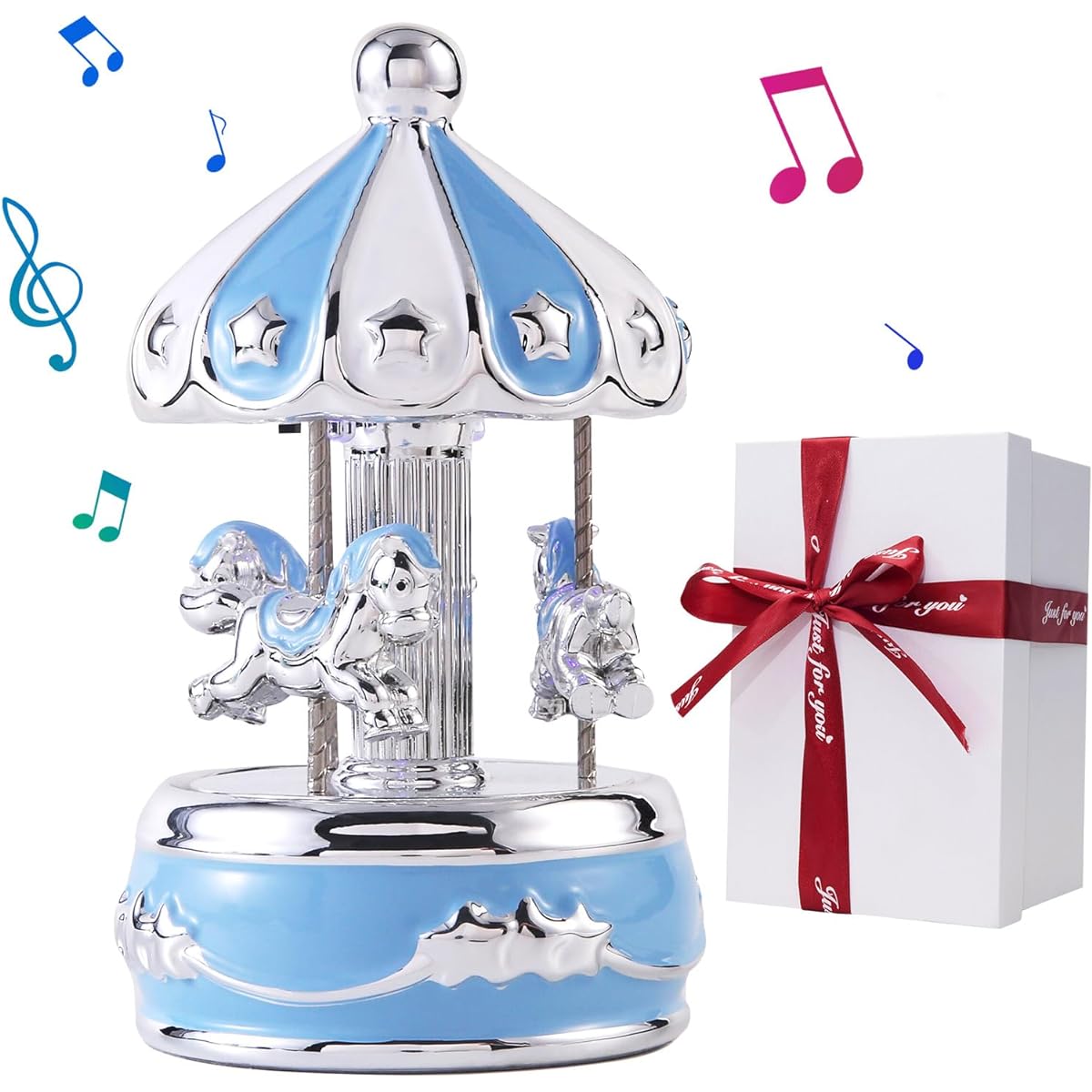 LMMIUU Music Box Musical Carousel Twinkle Twinkle Little Star Music Box Ceramic Carousel Horse Twinkle Little Star Baptism Birthday Girl Boy Blue Star