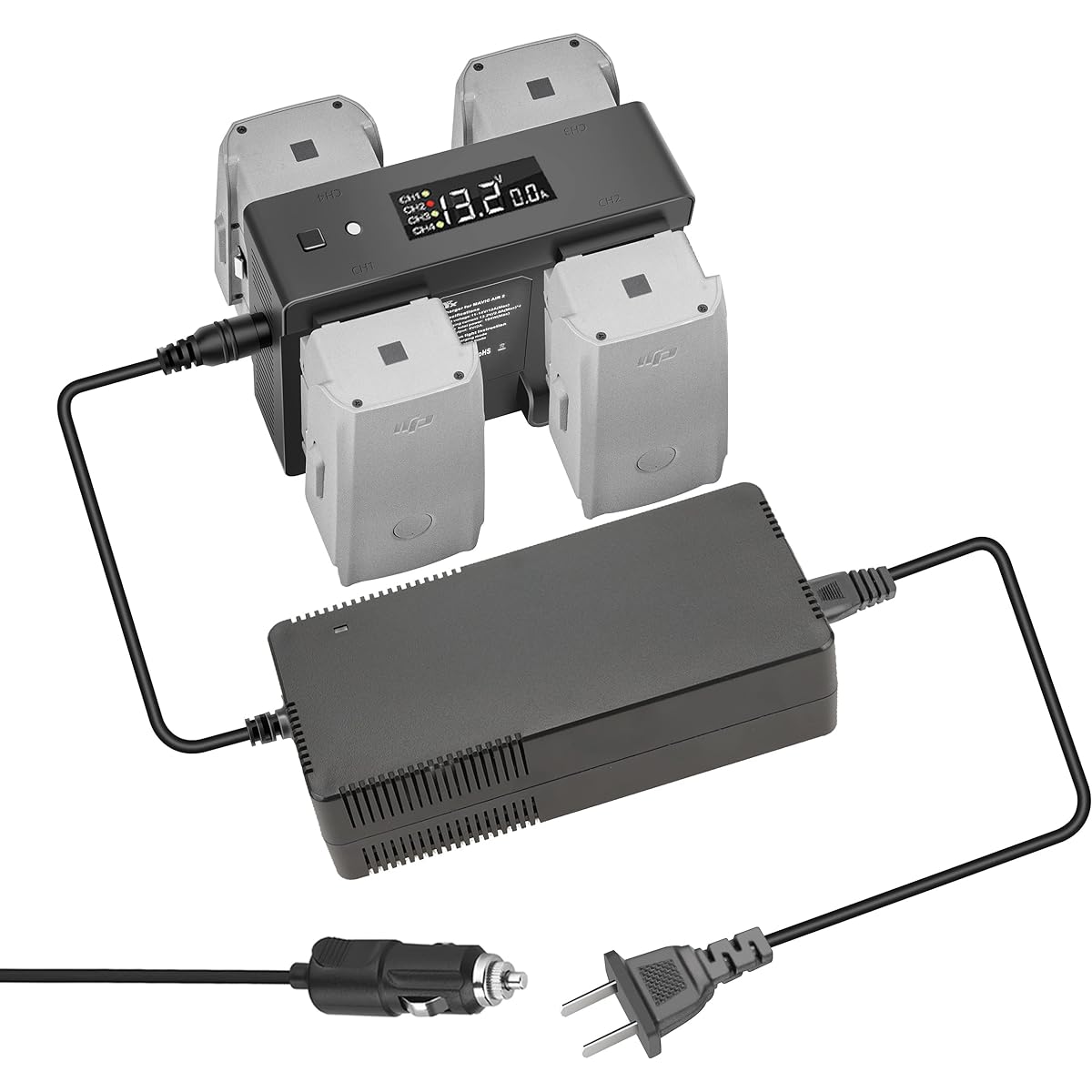 Hanatora Battery Home Charger & Car Charger with Switch for DJI Air 2S Mavic Air 2 Drones 5-in-1 Fast Charging Hub with Charging and Storage