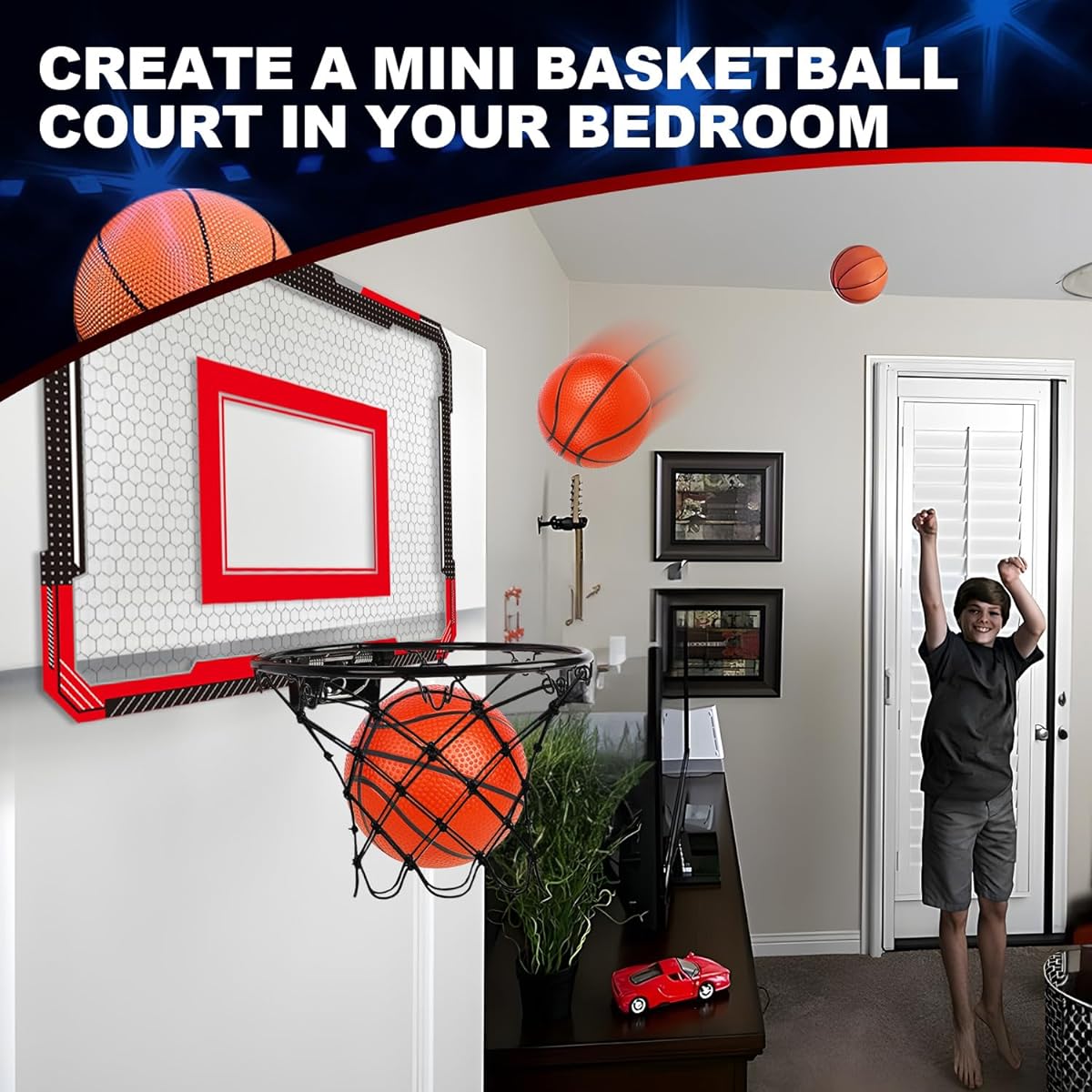 TOY Life Indoor Basketball Hoop for Kids, Over the Door Room Basketball Hoop Indoor with Electronic Scoreboard & 4 Balls, Basketball Toy for Ages 3 4 5 6 7 8 9