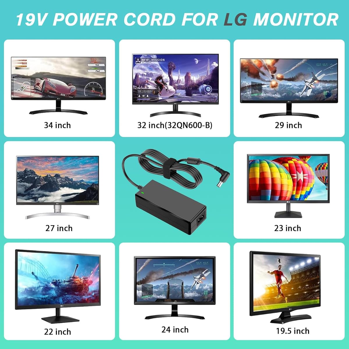 Mareisa 19V 3.42A LG Monitor Power Supply DC 19 Volt Power Cord 65W AC Adapter for LG Monitor 34" 32" 29" 27" 24" 23" 22" 20" 19" Ultra Wide IPS Curved LED 4K UHD LCD Widescreen en Monitor ADS -25FSG