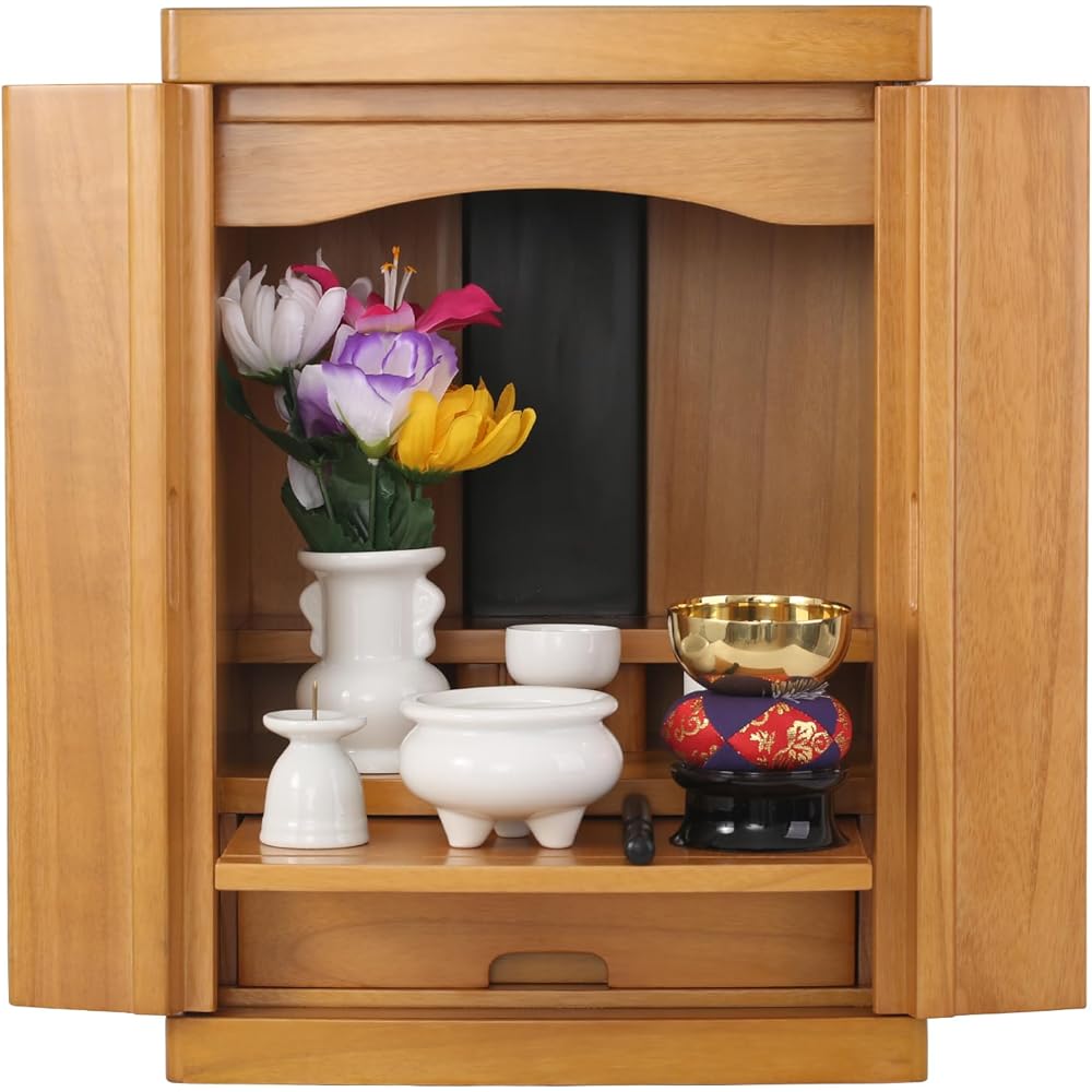 Tree Story Mini Buddhist Altar NEW15 (Small Buddhist Altar with Hidden Handle) Width 32cm Depth 25cm Height 45cm [Natural Paulownia Wood/Small Buddhist Altar Mini Modern/Lightweight/Furniture Style] Ideal for Japanese/Western Rooms/Living Rooms (Natural)