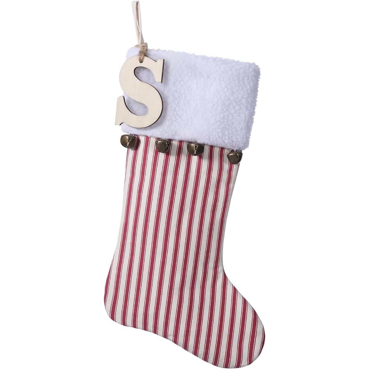 JKSVE 19.5" Red Vertical Striped Christmas Stocking with Bells Personalized Wooden Initial Monogram Christmas Stocking Holiday Xmas Party Decorations (S)