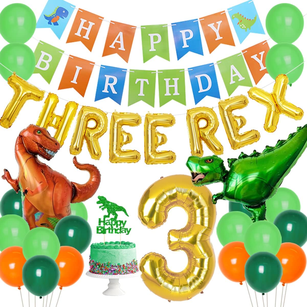 Dinosaur Birthday Decorations, Boy 3 Rex Birthday Decorations, Dinosaur Party Supplies for Age 3 - Rex Balloons, Dinosaur Cake Topper, Happy Birthday Banner