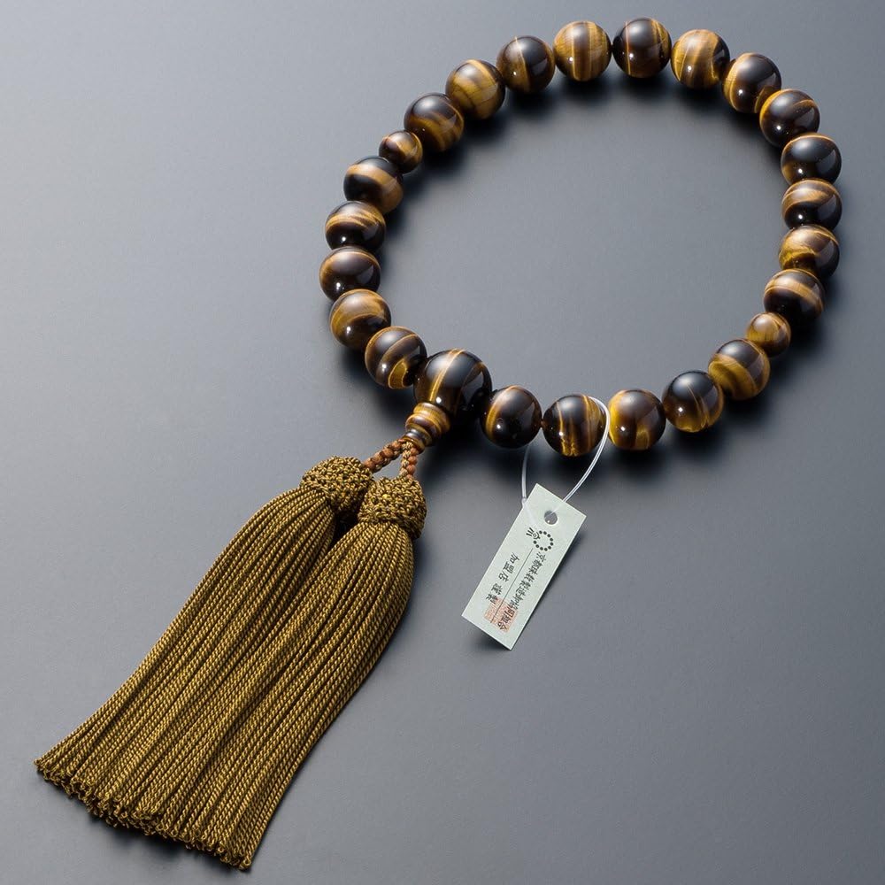 [Buddhist Altar Shop Takita Shoten] Kyoto Prayer Beads for Men, Tiger Eye Stone, 22 Beads, Pure Silk Head Tassel, Bead Bag Included, Men's Prayer Beads for All Sects, Certificate Included