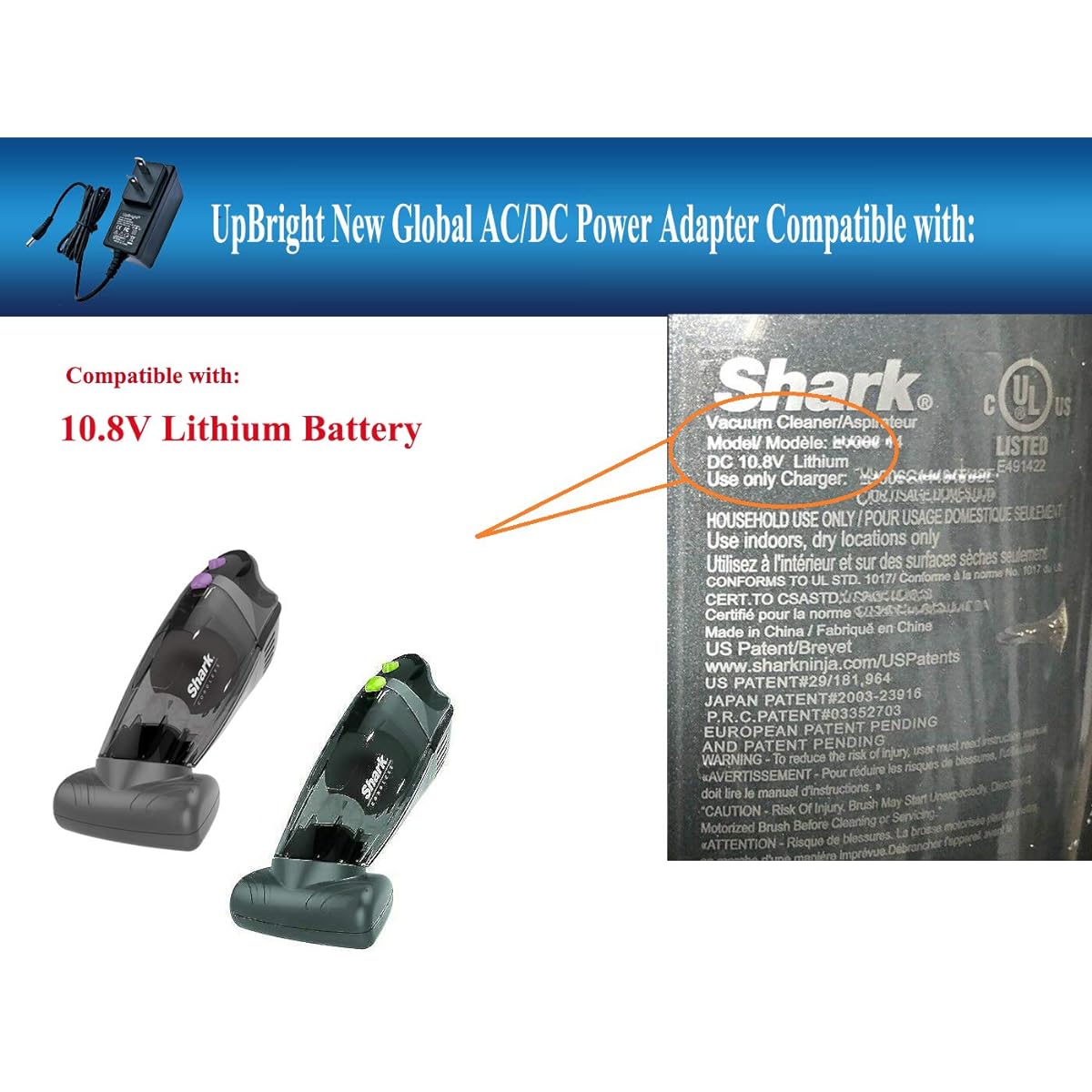 UpBright 14.4V AC/DC Adapter for Shark Cordless LV800 LV801 LV801C LV 800 801 Pet Perfect PetPerfect 10.8V Lithium Ion Vacuum Cleaner Vac YLJXA-T134045 ZD006C144045USE E-TEK Power Charger