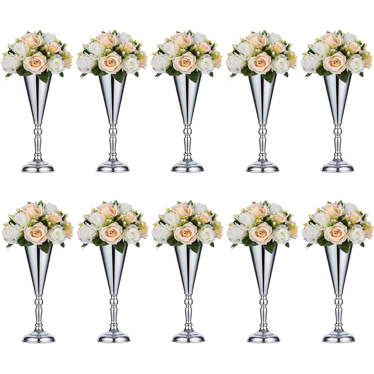 Sziqiqi Trumpet Vase Floral Centerpiece Riser Stand for Wedding Reception Centerpieces Party Event Anniversary Birthday Decorations Flower Arrangement 10 Pack Silver 14 Inch