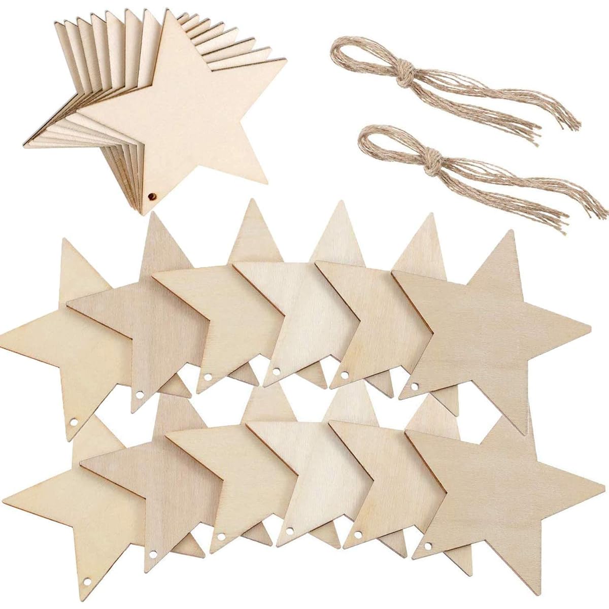 JINMURY Christmas Wood Star Hanging Ornaments, Rustic Wooden Star Cutouts Christmas Tree Ornaments DIY Crafts Unfinished Wooden Christmas Decorations for Wedding/Festival/Christmas Decor 50pcs