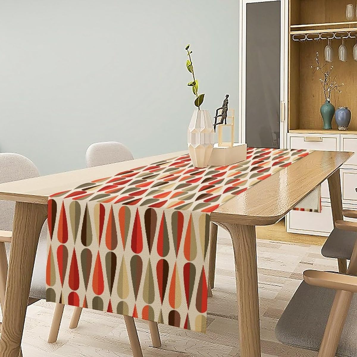 Mid Century Table Runner Modern Style Retro Drop Shape Linen Table Runner for Home Living Room Kitchen Family Dinner Modern Table Decor 13x90 Inch