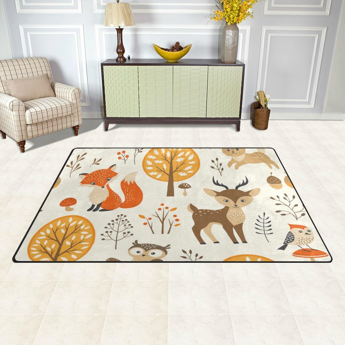 Vantaso Nursery Area Rug Soft Foam Cute Woodland Animals Owl Fox Deer Playmat for Kids Playroom Living Room Doormat 60 x 39 Inch