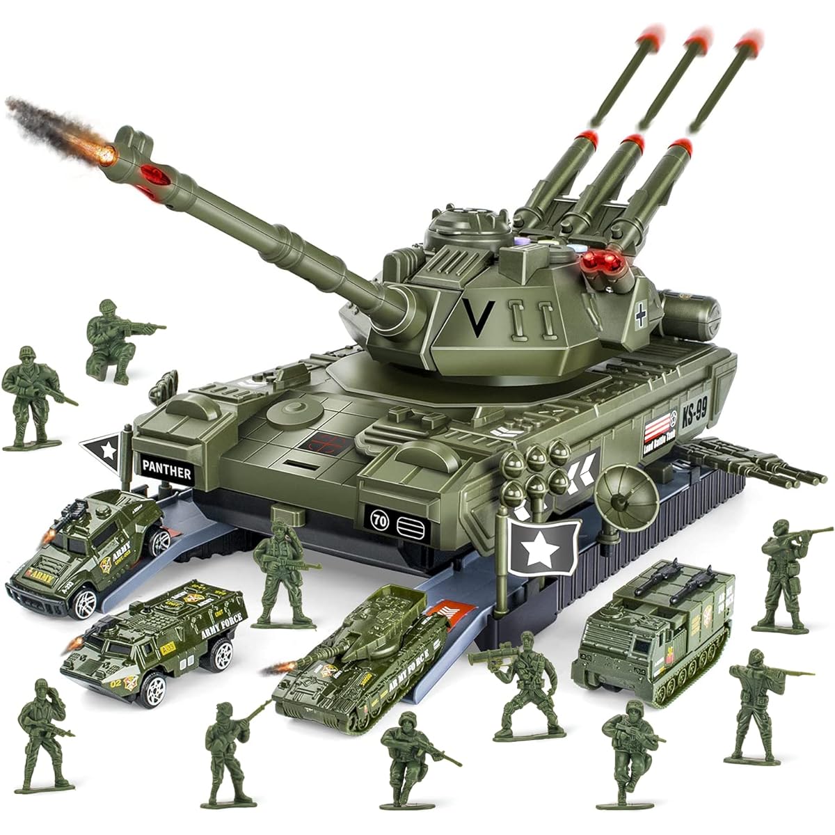 UNIH Toy Set Military Transport Tank 4 Piece Vehicle Set Tank & Vehicle Playset with 4 Sounds and Launcher for Kids Boys Ages 3 4 5 6 7 (Includes Army Soldier)