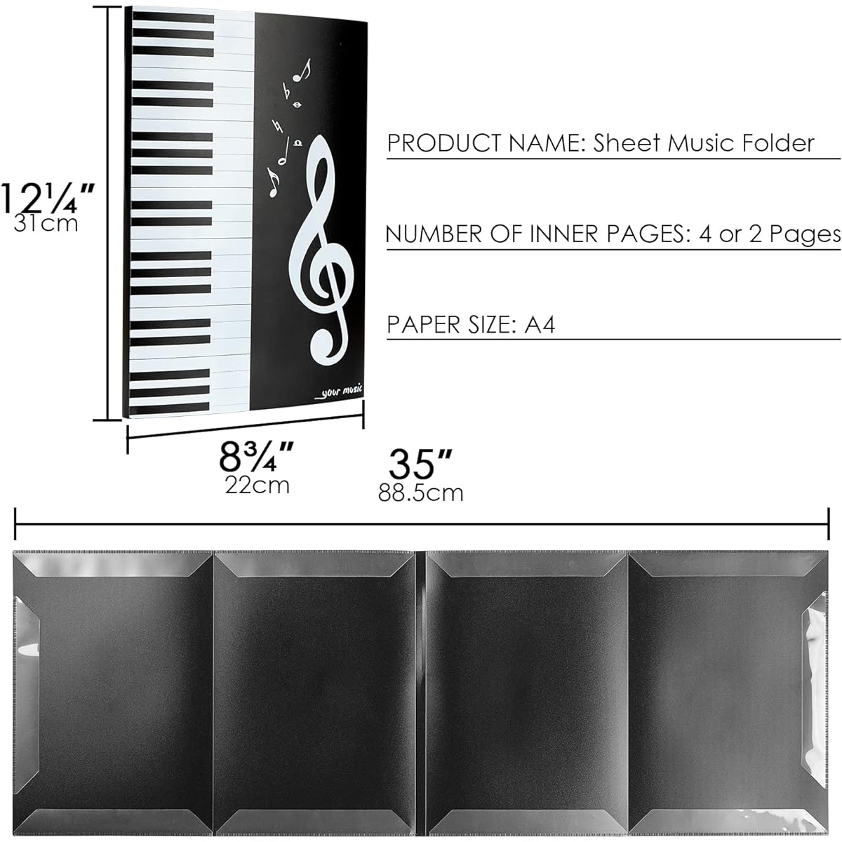 6 Page Piano Sheet Music Folder A4 Tri-Fold Expandable Organizer for Piano Arrangement Music Sheet Files