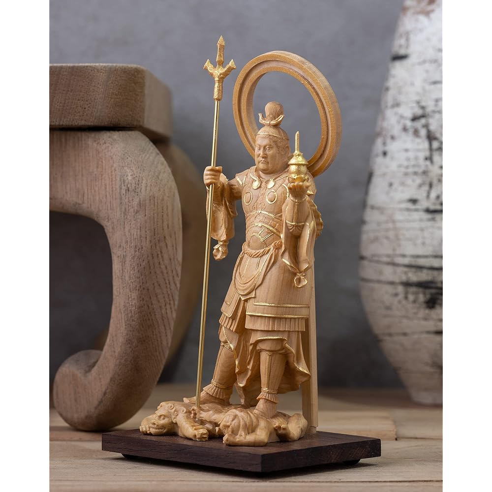 Tiny Buddha Bishamonten - 11.5cm Ganjojuin type (Wooden: Boxwood, gold clay finish)_Tamonten Buddha statue, figure, wood carving, ornament (GSB Bishamonten)
