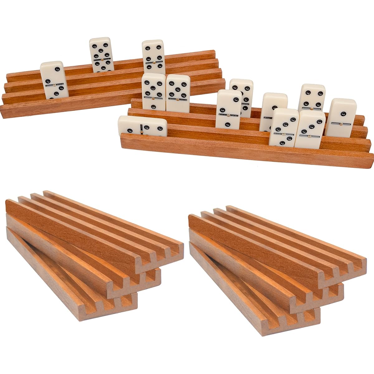 VINJOE Domino Tray Mexican Train Natural Wooden Domino Rack Holder Domino Tile Holder Chicken Foot for Other Domino Games Mexican Domino Train Tray 8 Piece Set Dominoes Not Included