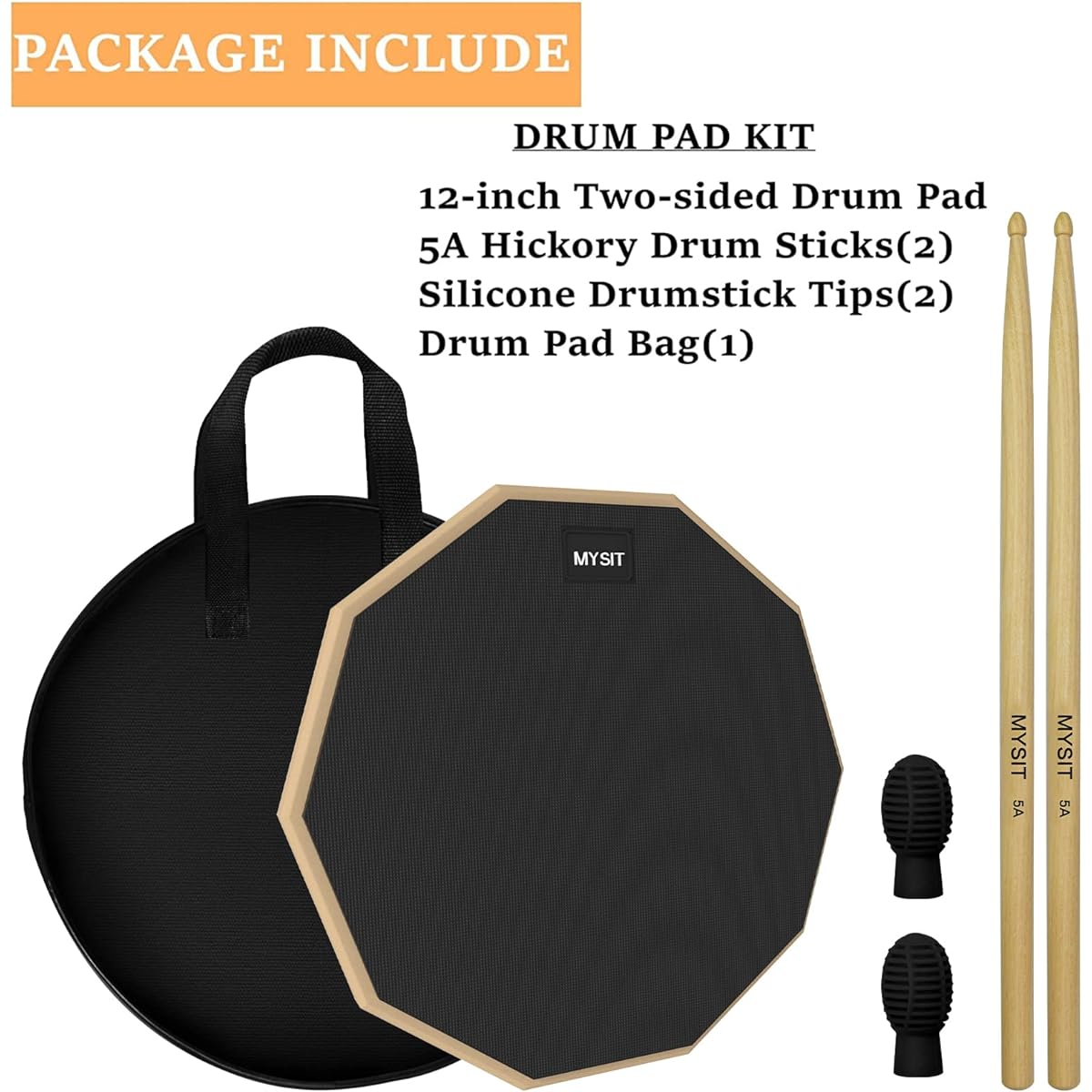 MySit 12 Inch Drum Practice Pad and Sticks Set with 2 Silicone Drumstick Mute Tips (Black) Double Sided Silent Snare Drum Pad with 5 Drum Sticks & Storage Bag for Real Feel Practice