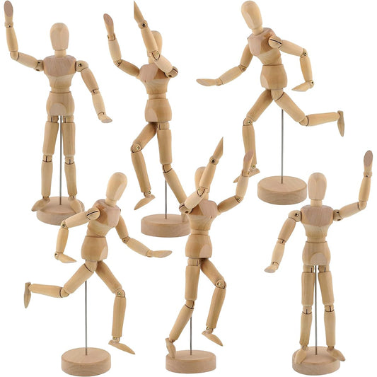 US Art Supply Wood 8 Artist Drawing Manikin Articulated Mannequin with Base and Flexible Body - Perfect For Drawing the Human Figure (8 Male) Pack of 6 Manikins