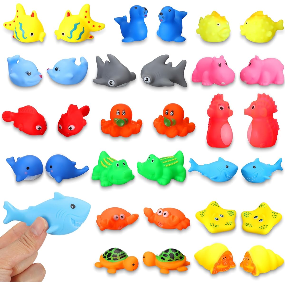 Gemscream 32Pcs Ocean Animals Rubber Bath Toy Set Preschool Squeaky Face Washing Shower Toys Floating Cute Sea Animals Toys Bathtub Rubber Animals for Party Favors Pool Decorations 16 Styles