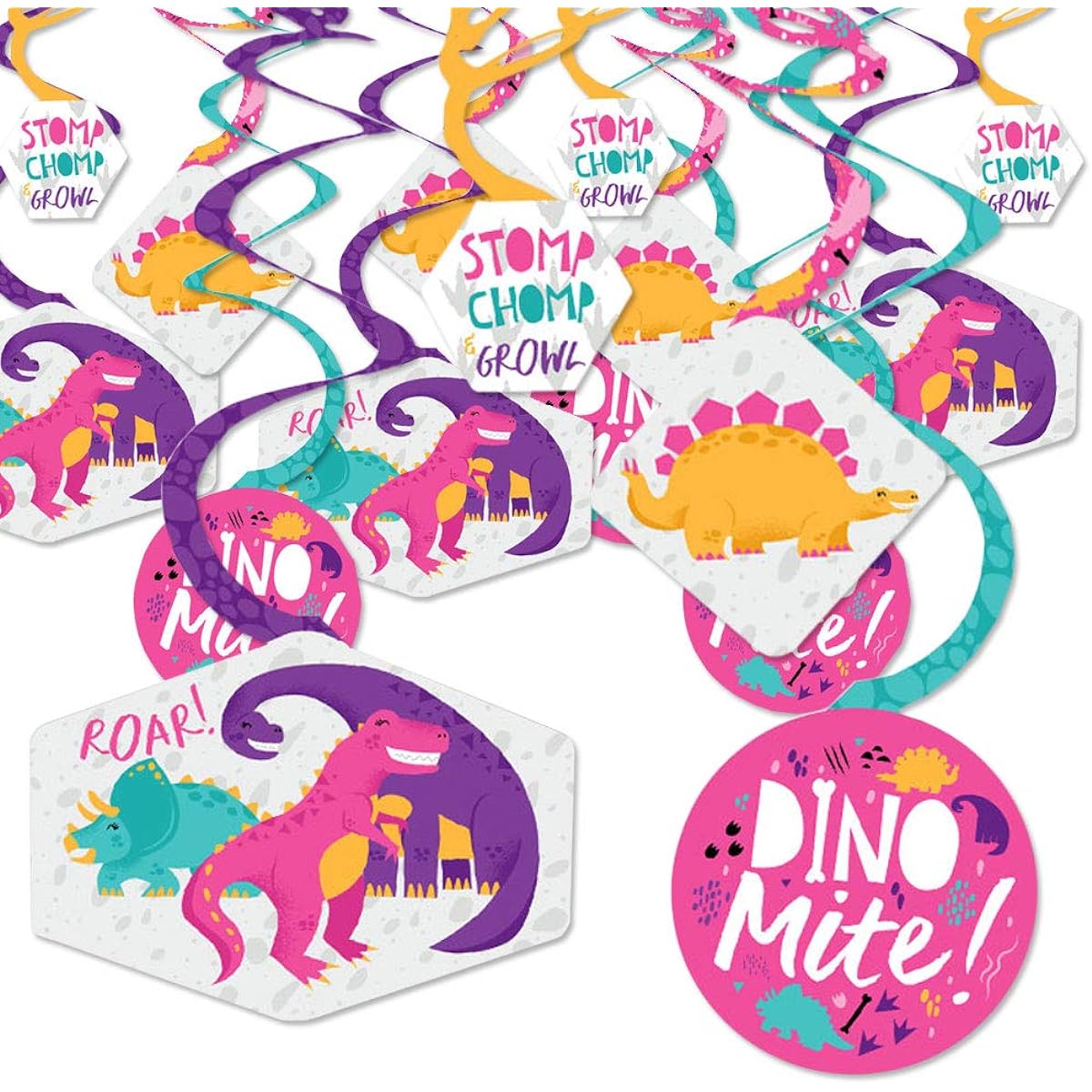 Big Dot of Happiness Roar Dinosaur Girl Dinosaur Girl - Dinosaur Mite Trex Baby Shower Birthday Party Hanging Decorations - Party Decoration Swirls - Set of 40