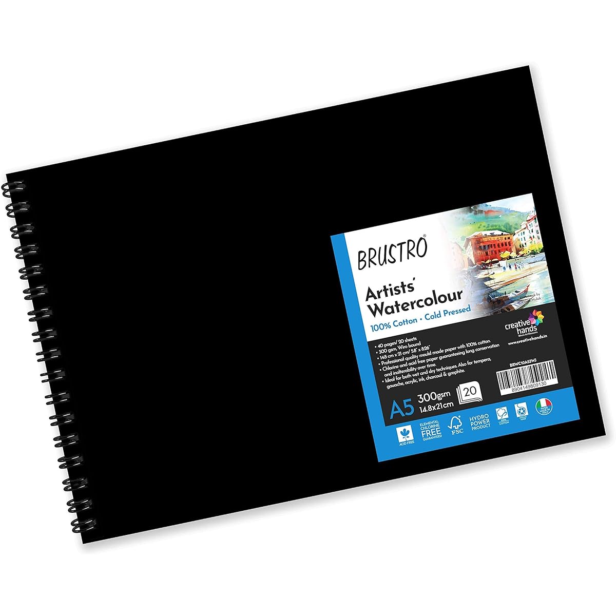 BRUSTRO Artist 100% Cotton Watercolor Willow Bound Landscape Journal Cold Pressed 300 gsm, A5 - (20 Sheets) White