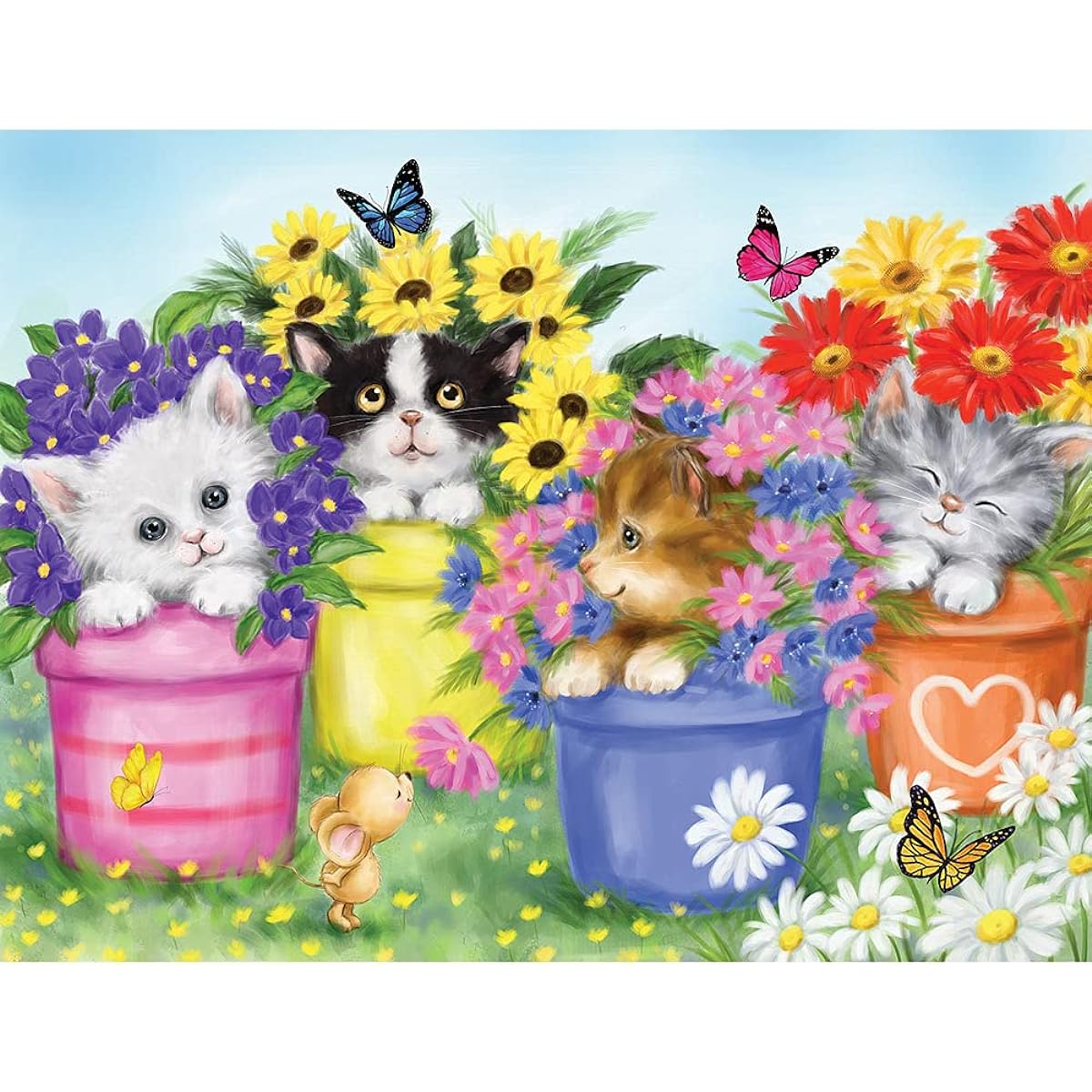 Bits and Pieces - 100 Piece Jigsaw Puzzle for Adults 15" x 19" - Cat in a Flower Pot - 100 Piece Kitten Colorful Bloom Butterfly Sweet Cute Garden Jigsaw Puzzle by Artist Makiko