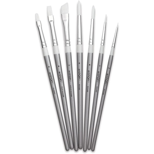 artPOP! Paint Brushes Set of 7 Premium Synthetic Brushes for Acrylics, Oils, and Watercolors, Various Shapes and Sizes, Wooden Handles, Artist Brushes for Mixed Media