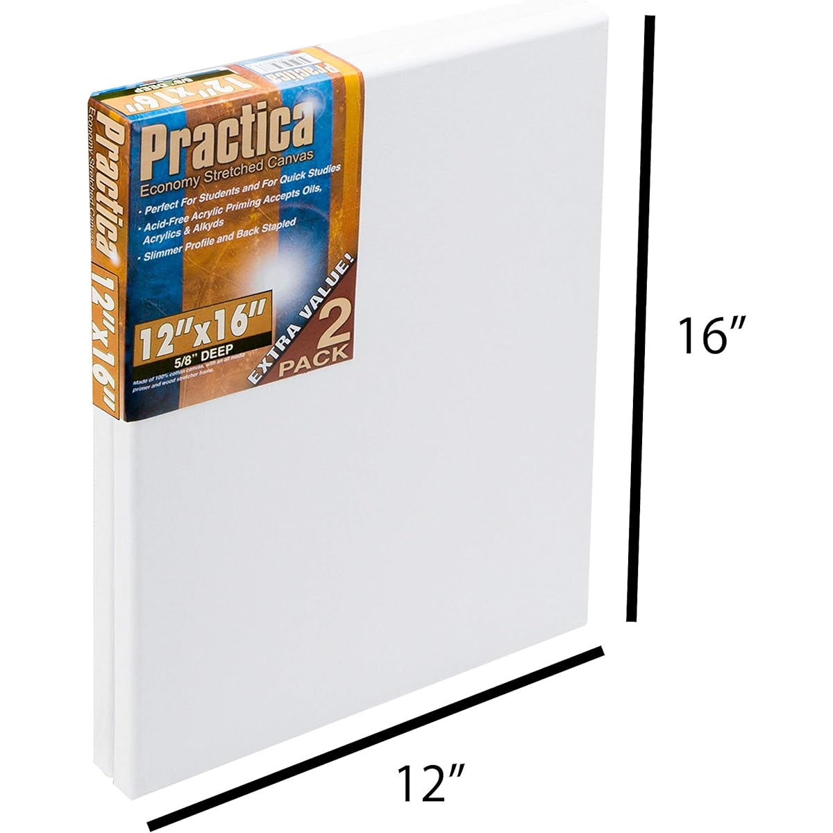 Practica Economy Pre-Stretched Canvas Cotton Artist Acid Free Primed Painting Canvas 5/8" Deep [Value Box of 20] 12x16"