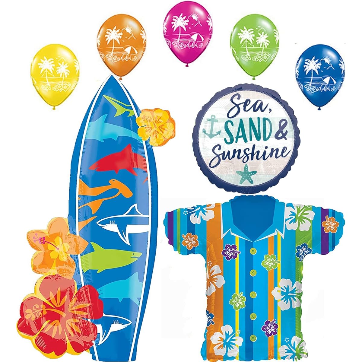 Beach Luau Party Supplies Hawaiian Shirt and Surfboard Balloon Bouquet Decorations