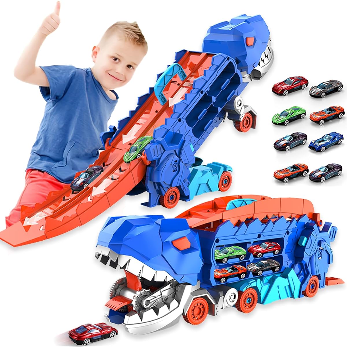 Dufuntotoys City Dinosaur Ultimate Hauler Truck Toy, Transform into Stomping T-Rex on Race Truck, Ultimate Transporter Hauler, Toddler Toy, Gift for 3 4 5 6 Year Old Kids
