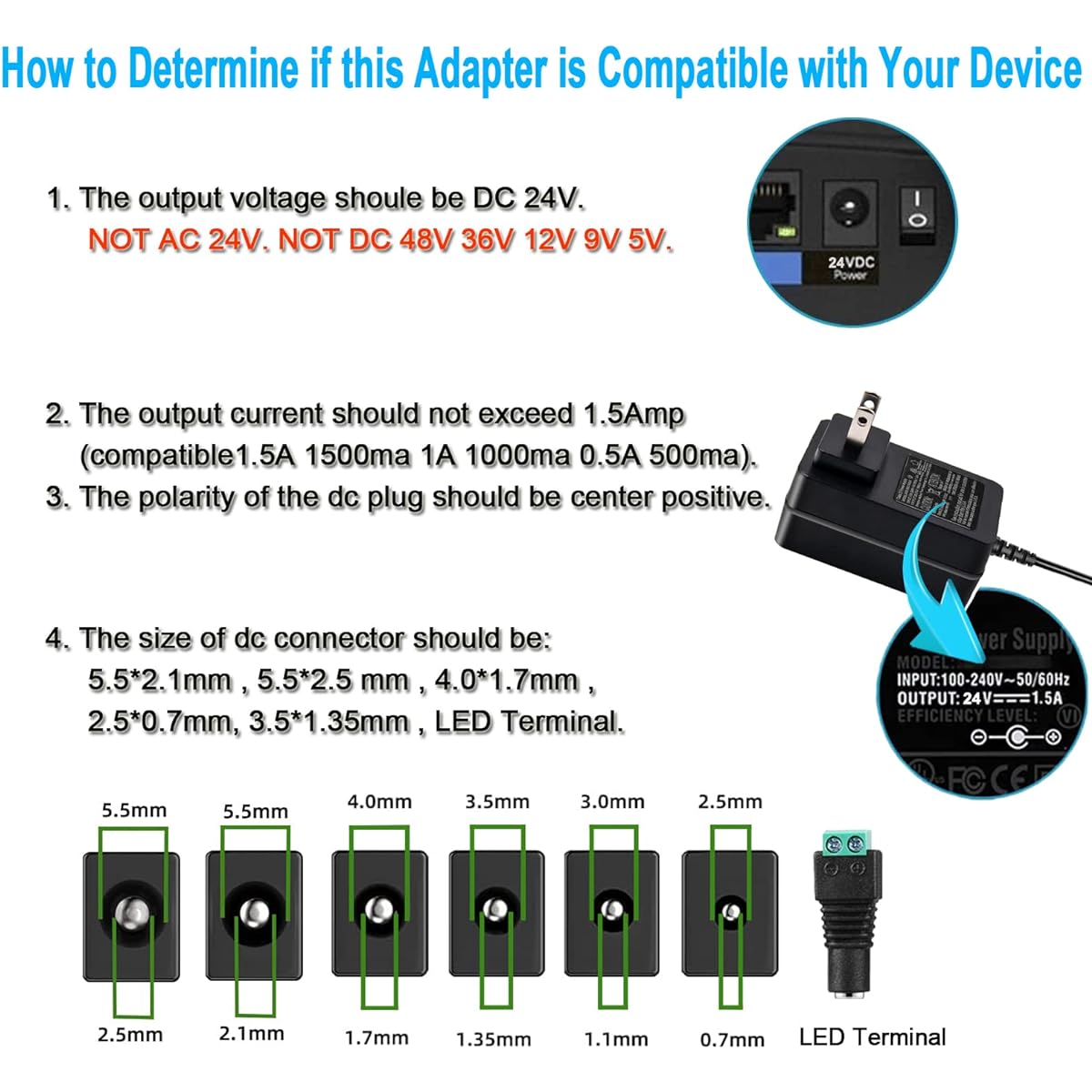TKDY 24V AC Adapter Power Cord White 110-240Vac to 24VDC 1A Switching Charger for 24 Volt 1000mA 800mA 500mA