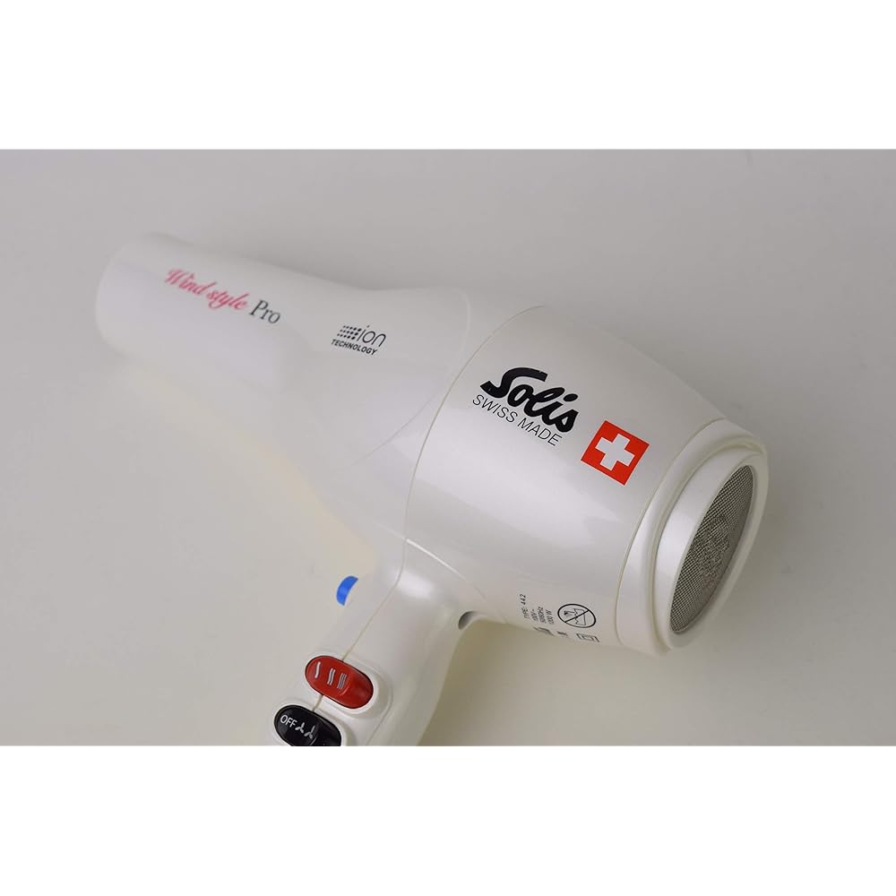 Solis home dryer, salon-like finish, cool shot button, ion technology, wind style pro, pearl white