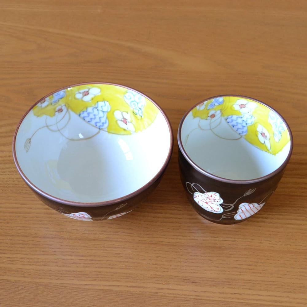 Umbrella longevity celebration, auspicious gift for good health, Arita ware teacup, tea bowl, rice bowl set, six gourd colors, red, noshi and message card included, wooden box