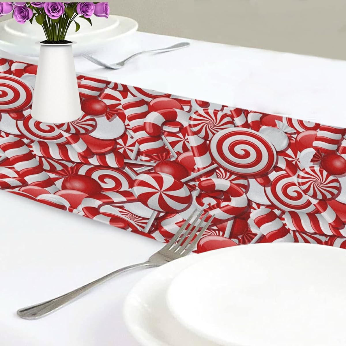 Exnundod Christmas Candy Cane Table Runner 90 Inch Sugar Red Sweets Runner for Dining Table Seasonal Holiday Decoration Washable Kitchen