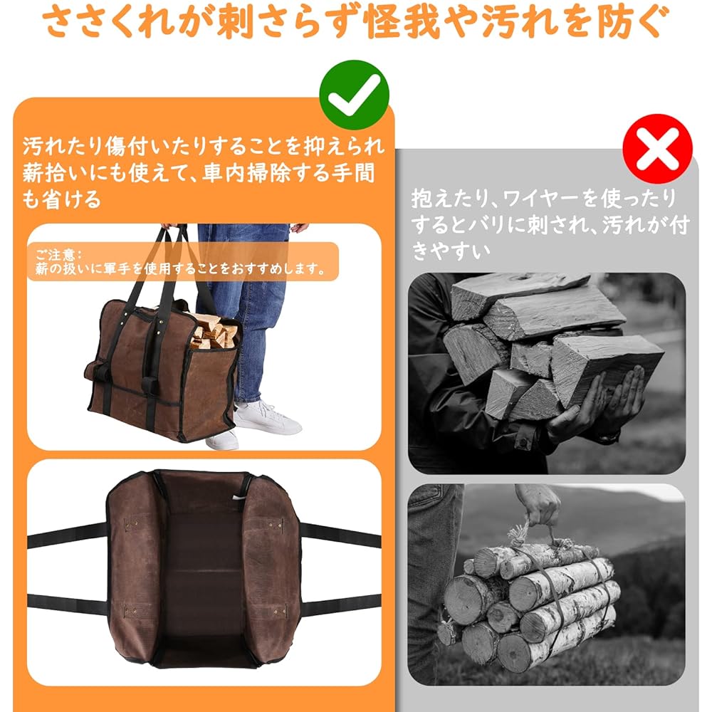 Firewood Bag Housolution Log Carry Camping Bag Tote Bag Type Large Capacity Storage Hangs Prevention/Stain Prevention Easy to Carry Abrasion Resistant Made of 16A Cotton Canvas Paraffin Wax Coating Brown