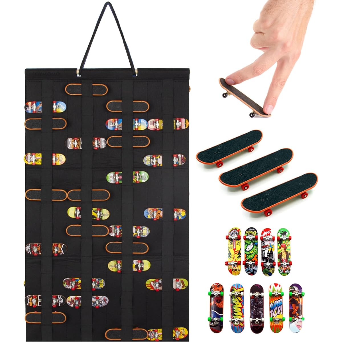 JOYMOMO Felt Hanging Fingerboard Holder, Mini Finger Skateboard Display Rack for Kids, Holds 60 Toy Fingerboards (No Fingerboards) (Black)