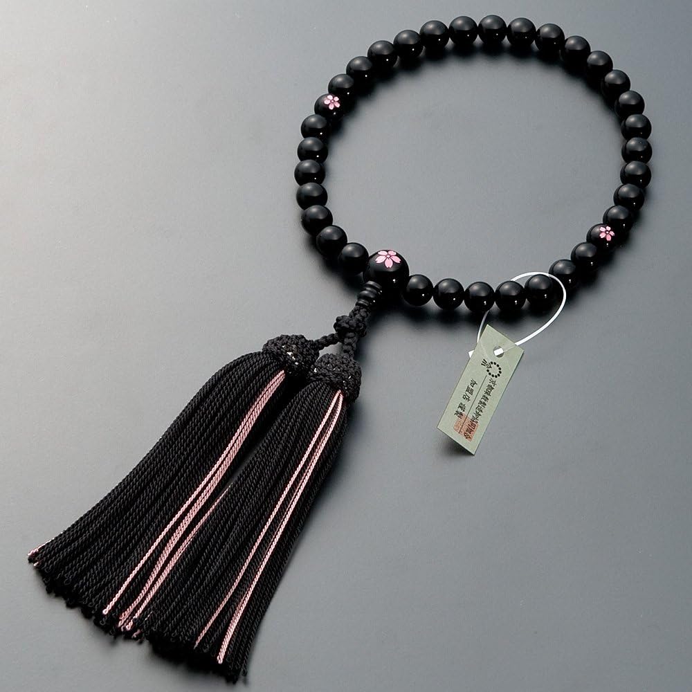 [Buddhist Altar Shop Takita Shoten] Kyoto Prayer Beads for Women, Black Onyx, Cherry Blossom Carving, 8mm Beads, Pure Silk Headed Buns, Bead Bag Included, Women's Prayer Beads that Can Be Used by All Sects, Certificate Included