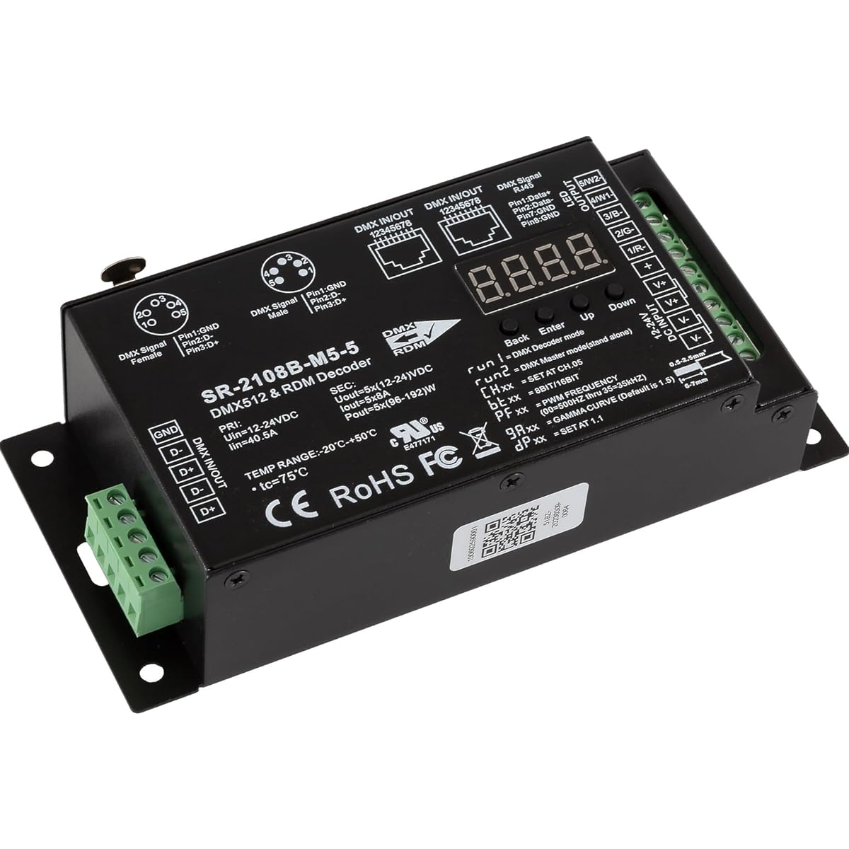 SIRS-E 5 Channel CV DMX RDM Digital PWM Decoder 8/16 Bit RGB & RGBW LED Lighting 12-24V DC UL Recognized Controller 5x8A Dimmer 5809 SR-2108B-M5-5