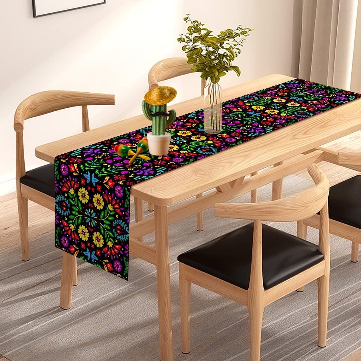 Pudodo Day of the Dead Table Runner Dia De Los Muertos Floral Mexican Fiesta Theme Party Kitchen Altar Dining Room Home Decor (13" x 90")