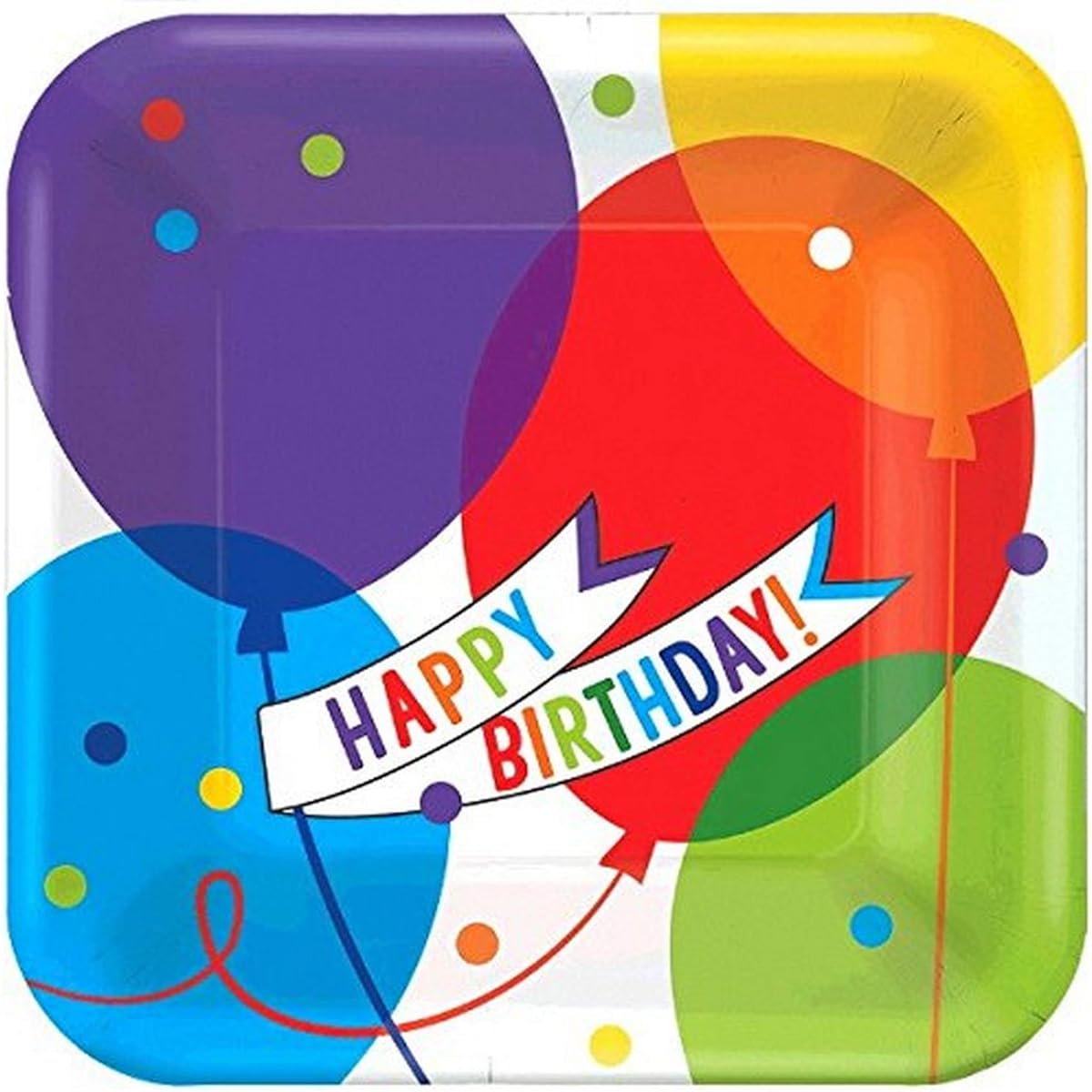 Bright Balloon Birthday Party Square Plates Tableware, Paper, 7 Inch, Pack of 18