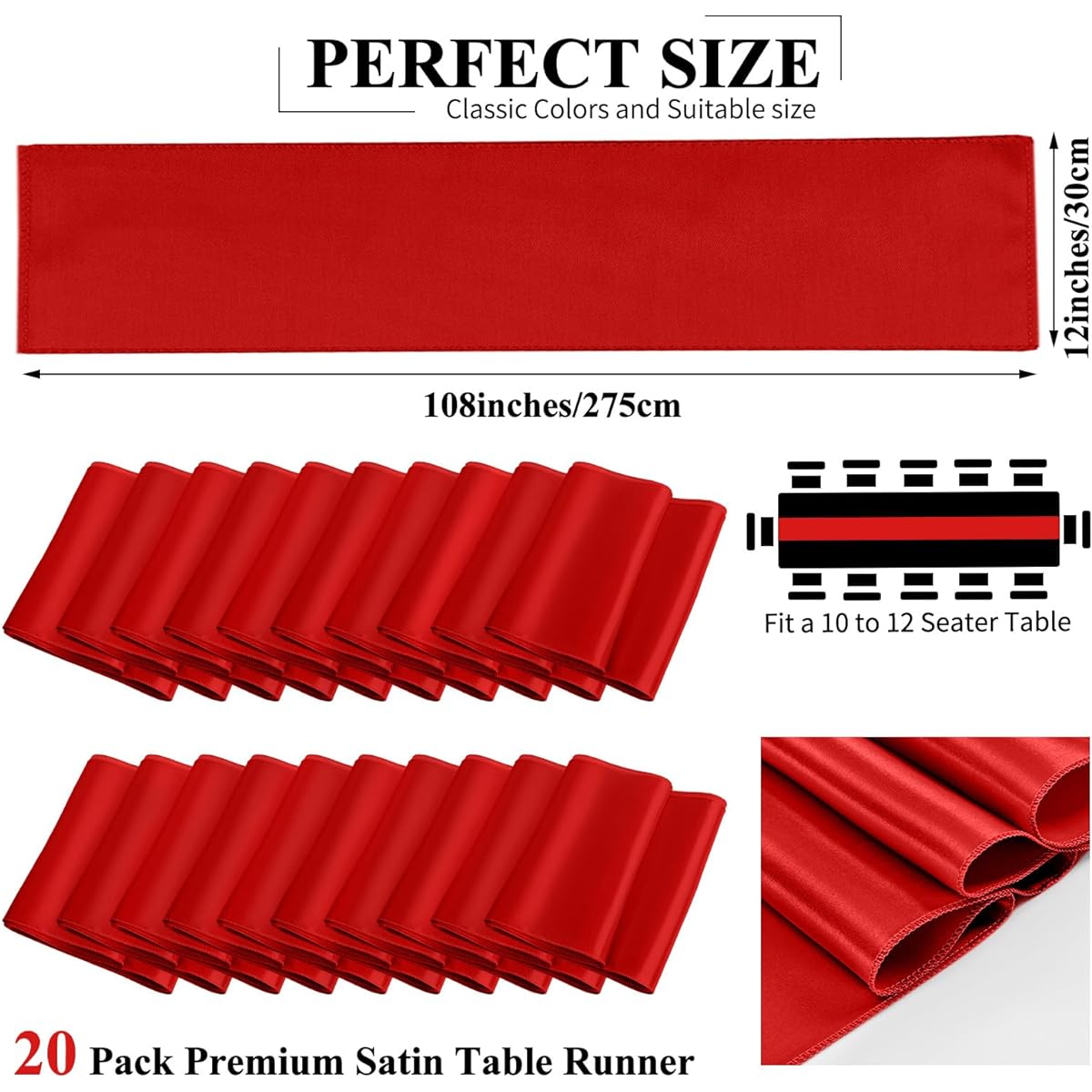 LOKUME Red Satin Table Runners, 12" x 108" Long, Premium Smooth Red Table Runners for Wedding/Banquet/Birthday/Party/Engagement/Table Runners for Rectangle and Round Tables, Pack of 20, ZB739A