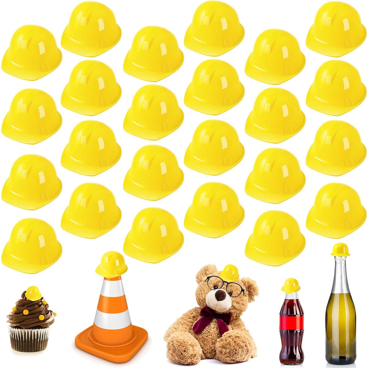 Miniature Construction Hats Mini Construction Toys Hats for Dolls Plastic Yellow Miniature Bottle Topper Hats for Party (25 Pieces)