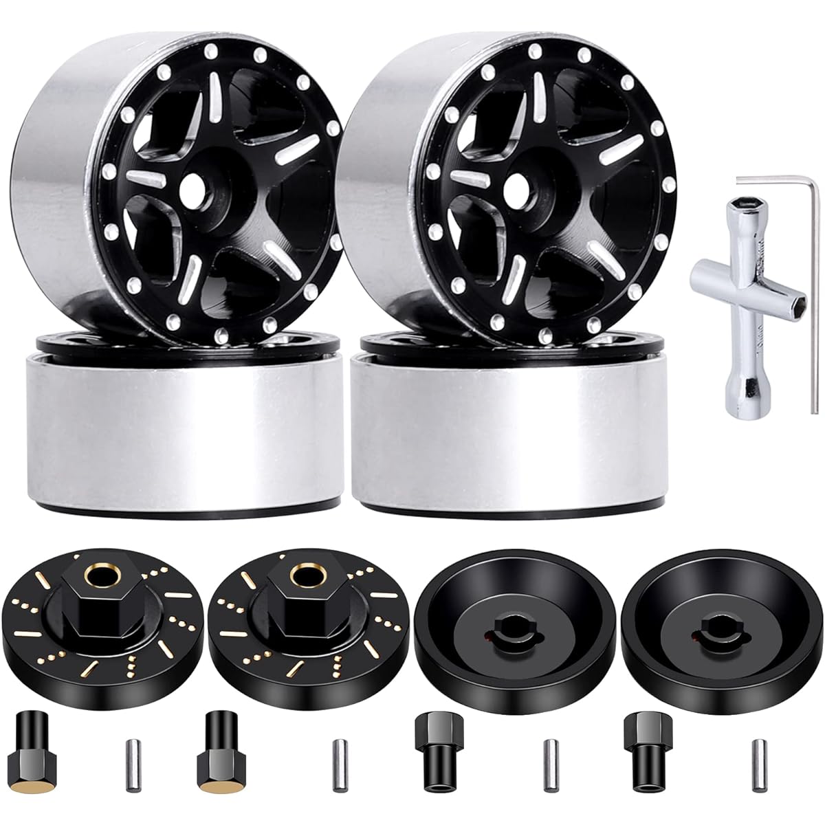 Hobbypark 4Pcs 1.0 Beadlock Wheel Rims with Brass Wheel Weights Extended 7mm Hex Wheel Hubs for 1/24 RC Crawler Car Axial SCX24 Gladiator Bronco C10 Deadbolt Upgrade (Type A)