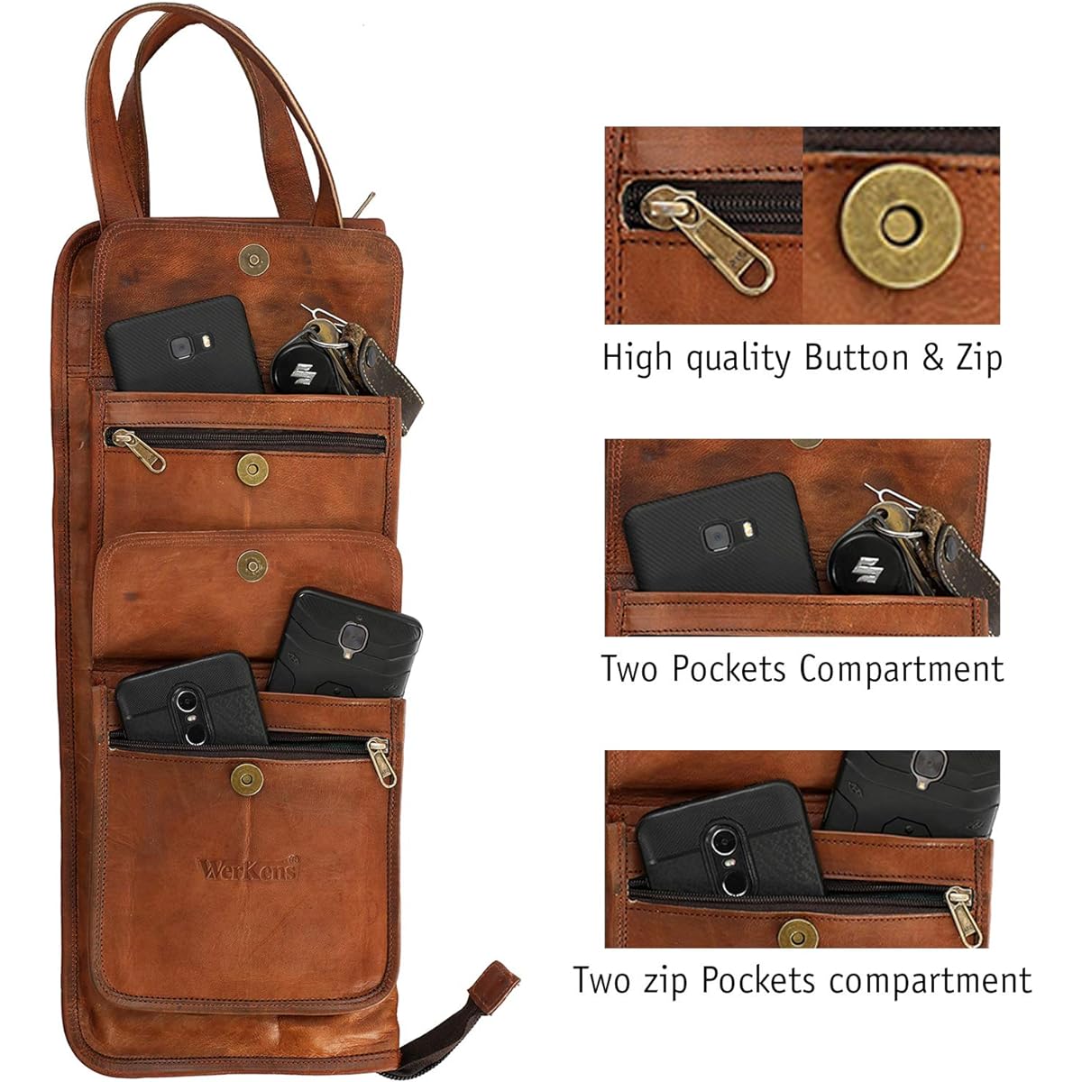 WerKens Handmade Genuine Leather Drumstick Bag 100% Original Leather Percussion Drumstick Bag Holder Mallet Bag Floor Tom Hook - DSB003